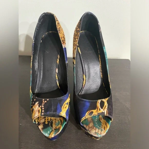 ALDO Platform peep-toe Retro Y2K leopard & gold chain print satin feel size 9 - Picture 5 of 14
